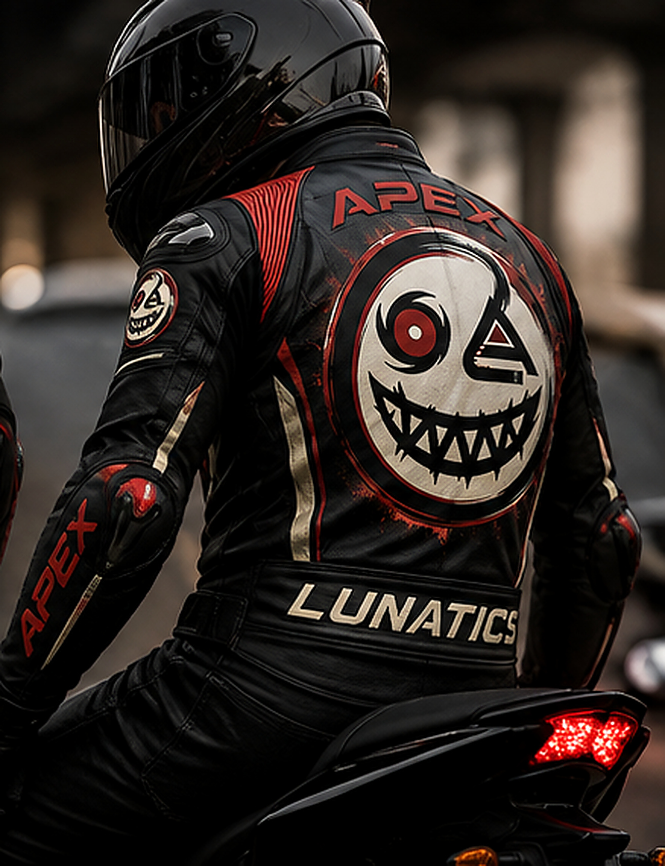 Apex Lunatics rider showcasing the approved branded leather jacket
