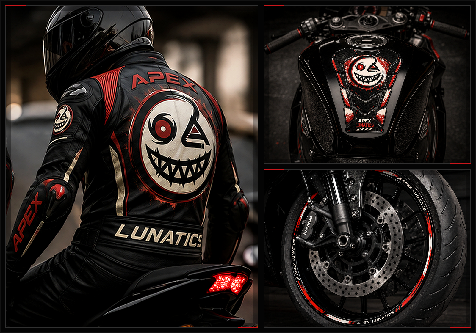 Apex Lunatics mindset showcase featuring a leather-jacket rider, motorcycle tank-pad detail and rim-stripe wheel detail